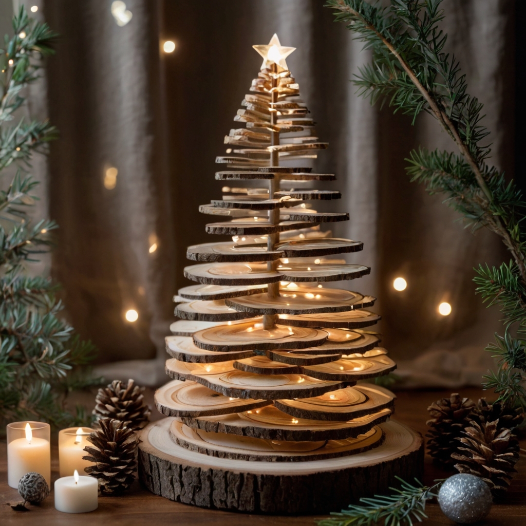 Create a stunning Christmas tree from stacked wood slices adorned with gold baubles and soft lights. Browse our collection for more rustic tree ideas!