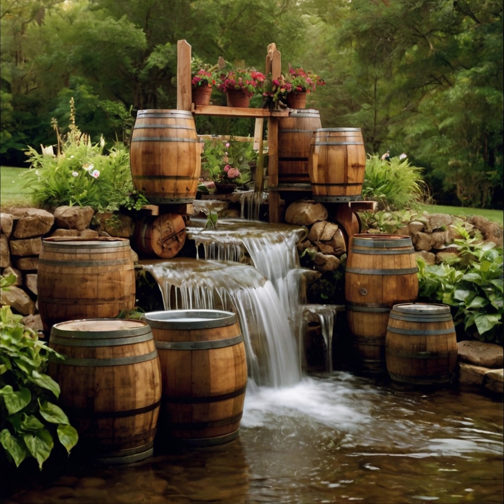 A rustic waterfall cascading from stacked wooden barrels, with soft water flow and vintage charm.