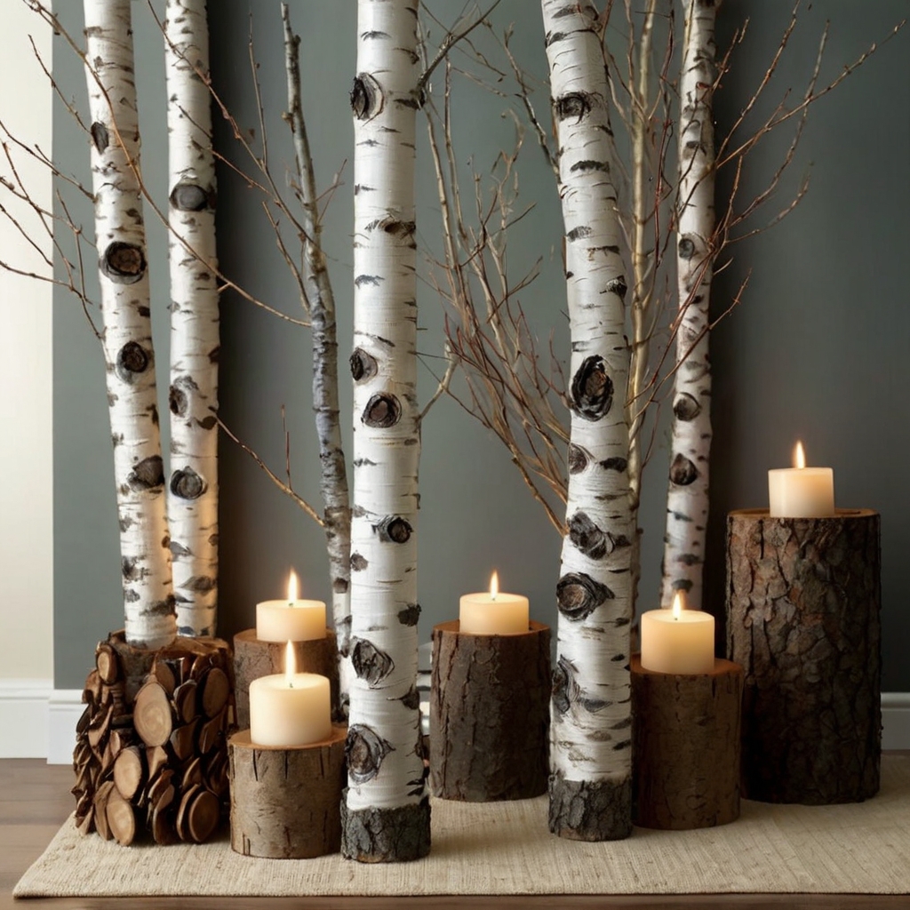 Arrange birch trees for a serene forest-like display, bringing nature indoors this holiday season. Discover more woodland-inspired decor ideas on our site!