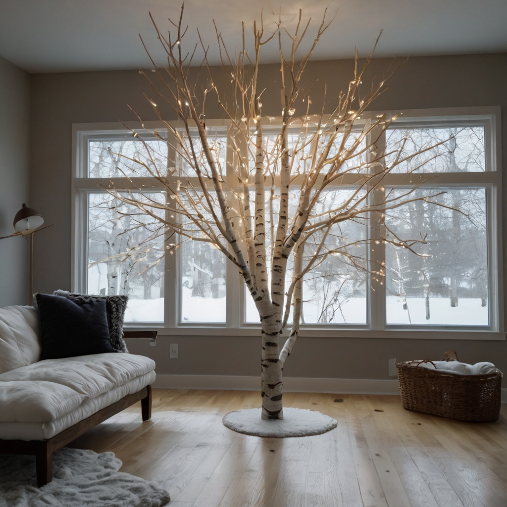 Create a serene, minimalist holiday look with a wooden birch tree adorned with delicate lights. Explore more nature-inspired decor ideas on our site!