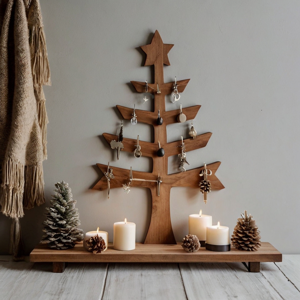 A wooden tree with hooks for hanging ornaments and stockings provides a functional, minimalist design. Explore more interactive tree ideas here!