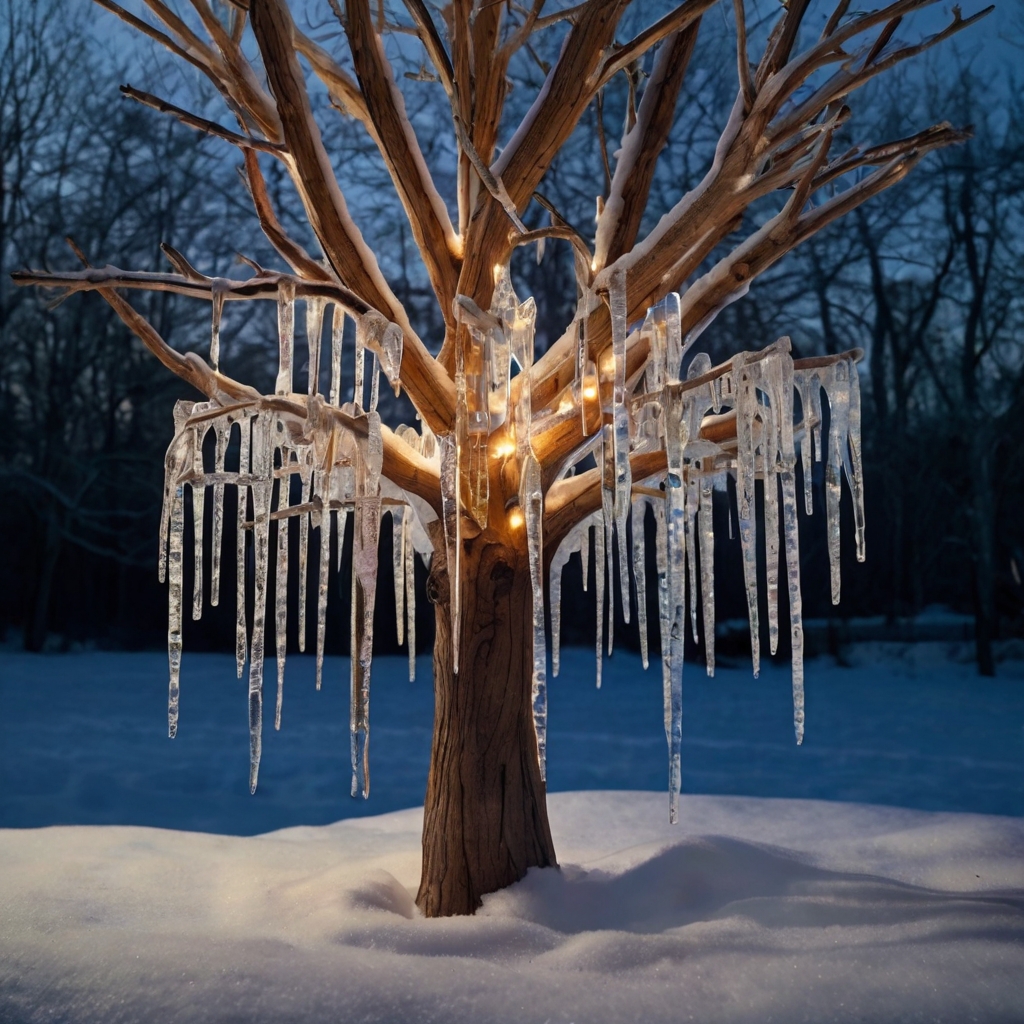 Create a frosty wooden icicle tree with shimmering lights for a winter wonderland effect. Visit our site for more icy, magical holiday decor ideas!