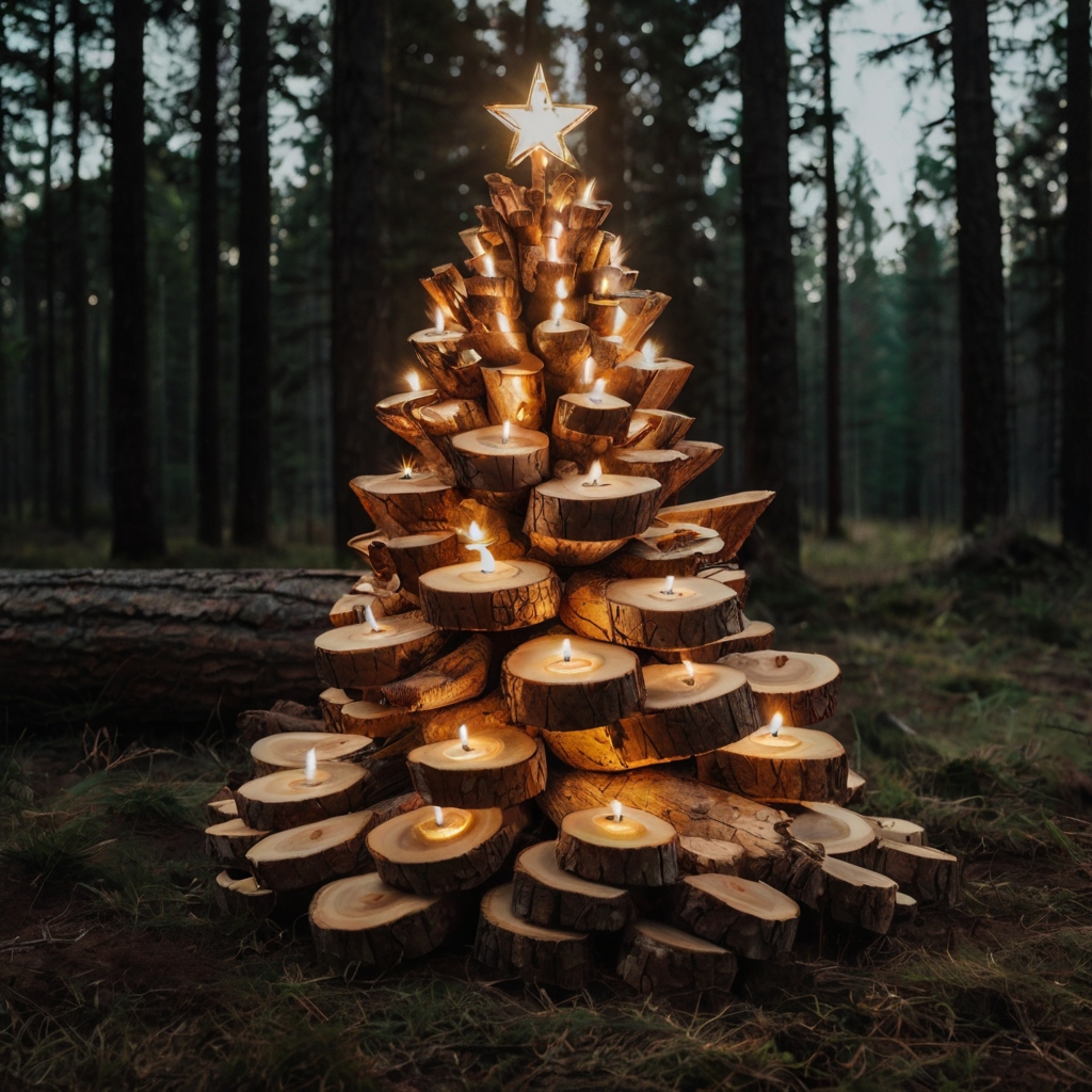 A bold tree made from stacked wooden logs, decorated with pinecones and lights, adds earthy charm to your decor. Visit our site for more rustic tree ideas!