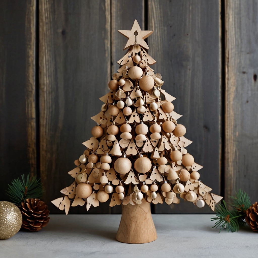 A tree made from wooden ornaments offers an artistic and unique holiday decoration. Check out our site for more creative tree designs this season!