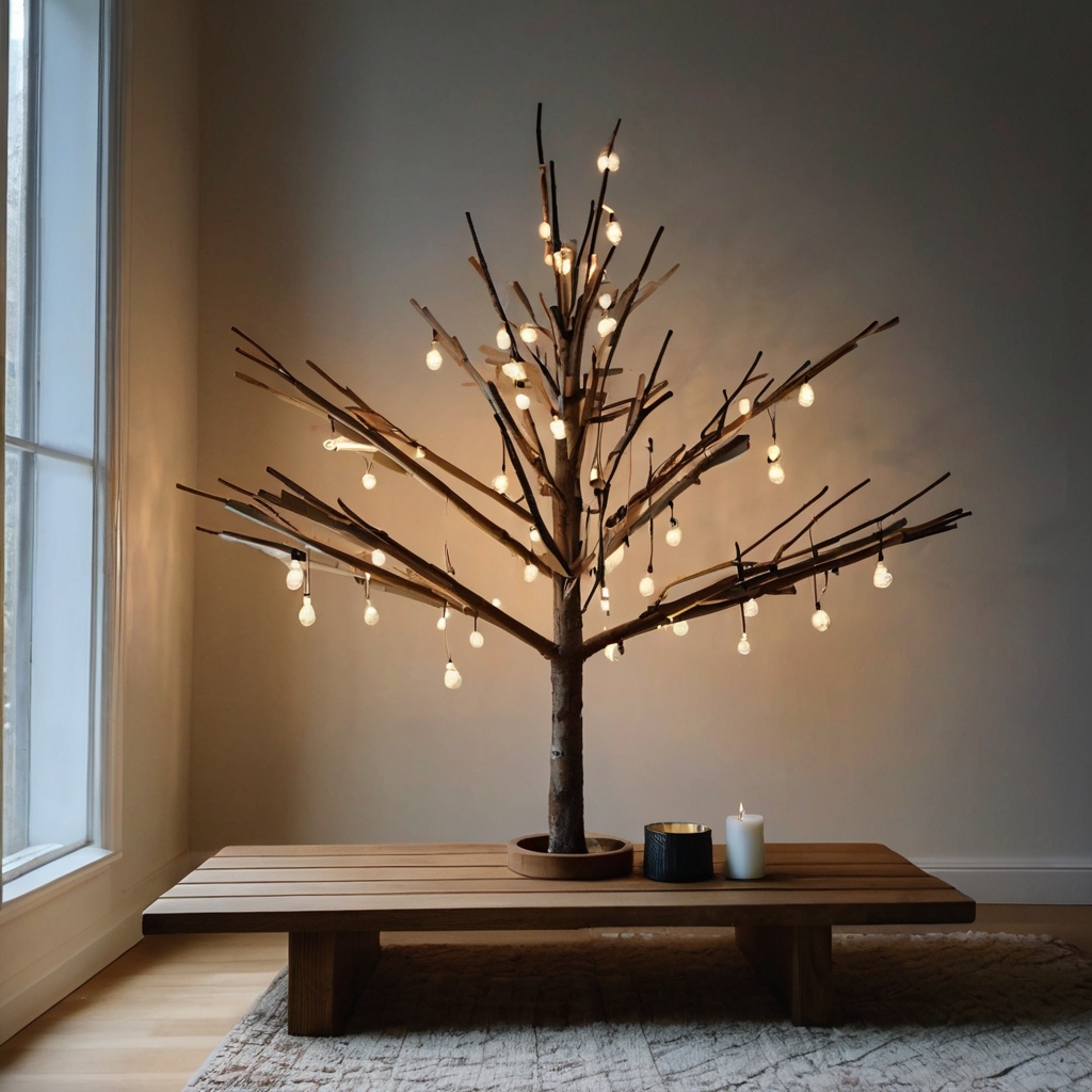 A minimalist wooden tree with pegs to hang ornaments, adding a modern touch to your space. Check out more functional, decorative tree ideas here!