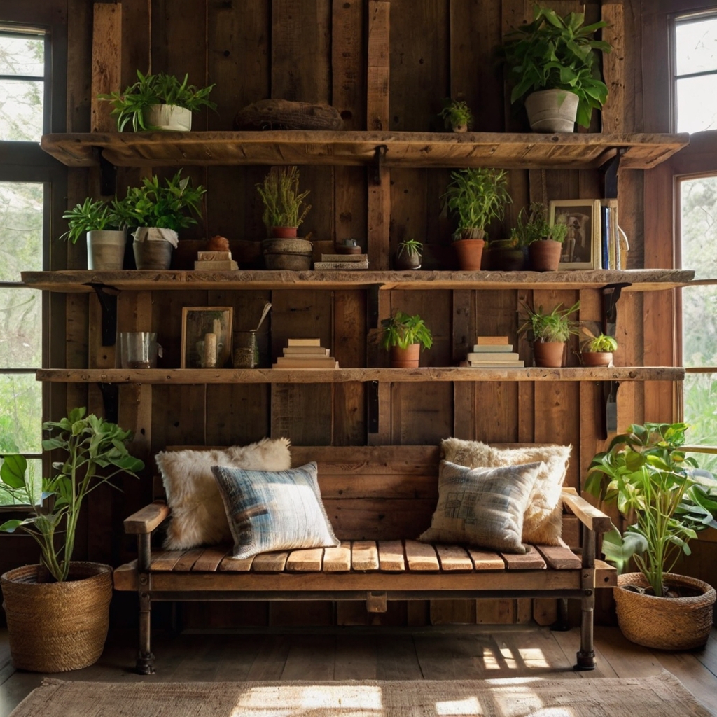 Embrace a cozy, country vibe with reclaimed wood shelves showcasing books and vintage treasures. Let natural sunlight highlight their timeless beauty transform your space today!