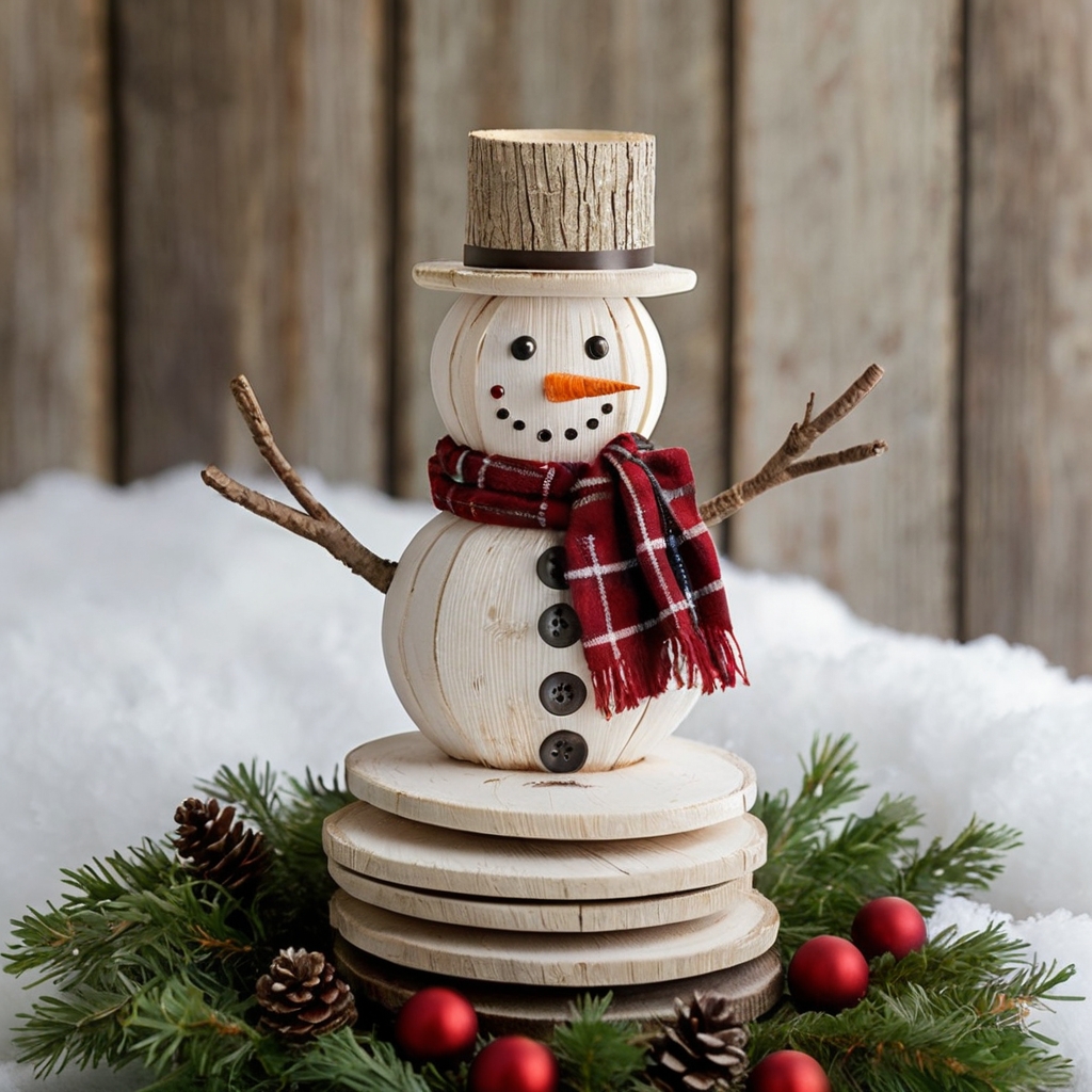 Stack wooden circles to create a whimsical snowman tree, complete with a festive scarf and top hat. Visit our site for more fun holiday decor ideas!