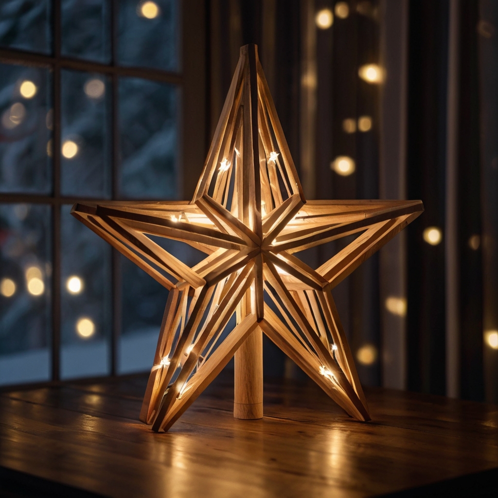 A unique star-shaped wooden tree, glowing with fairy lights, offers a creative holiday statement. Explore more geometric tree designs for your decor!