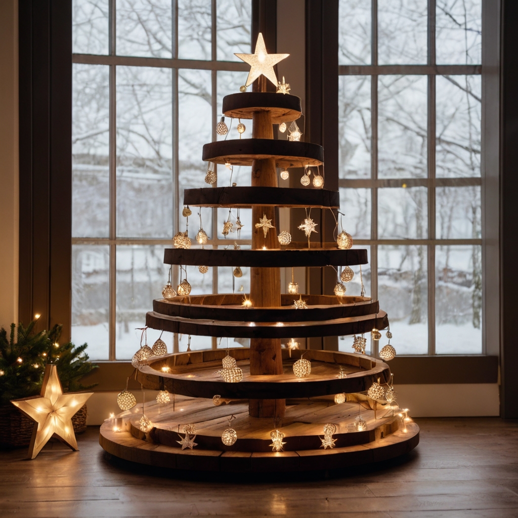 A tiered wooden tree with shelves for ornaments and lights brings festive charm and functionality. Check out our site for more practical holiday tree designs!