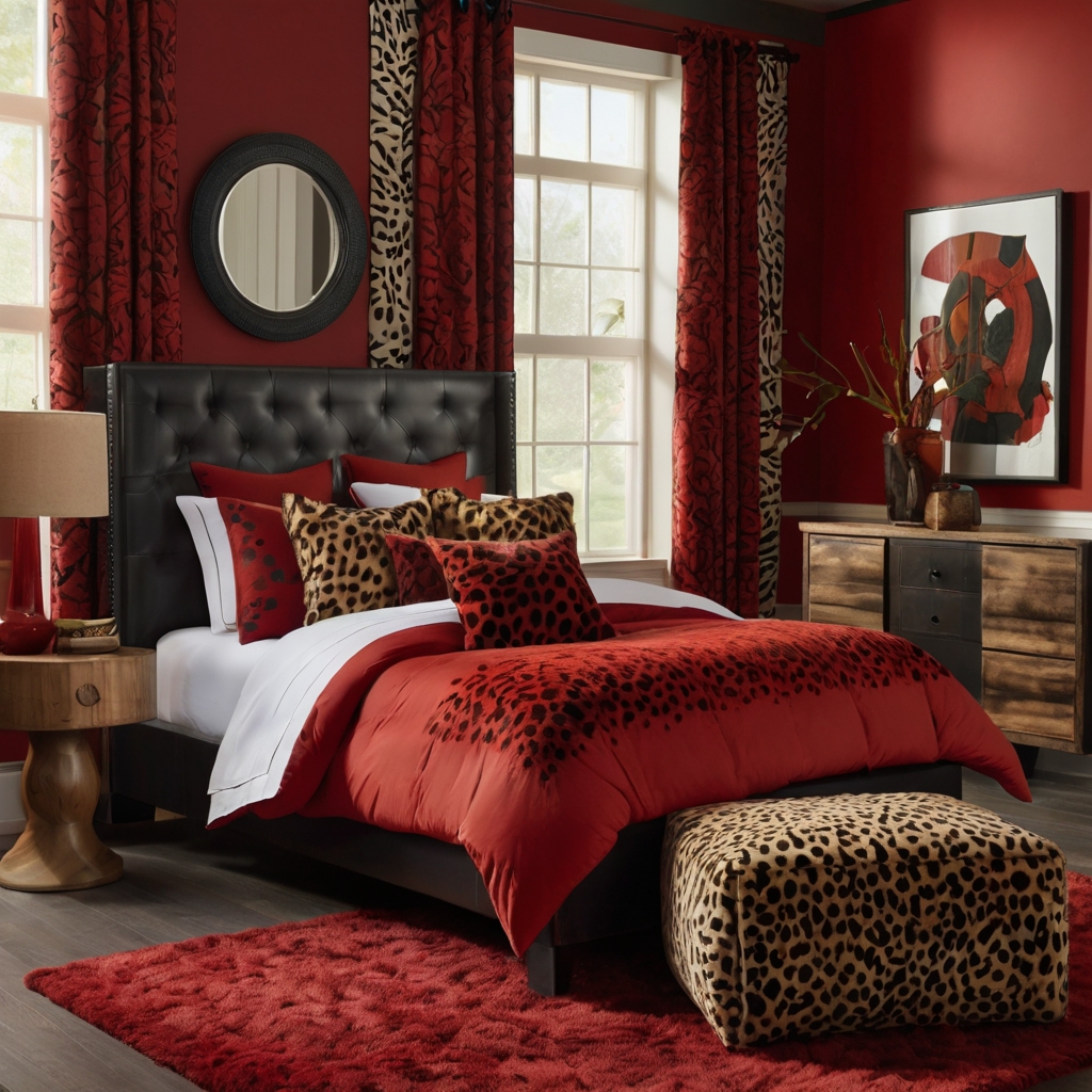 Exotic red accents and cheetah prints create a wild yet cozy retreat. Plush textures and sleek furniture complete the daring design.