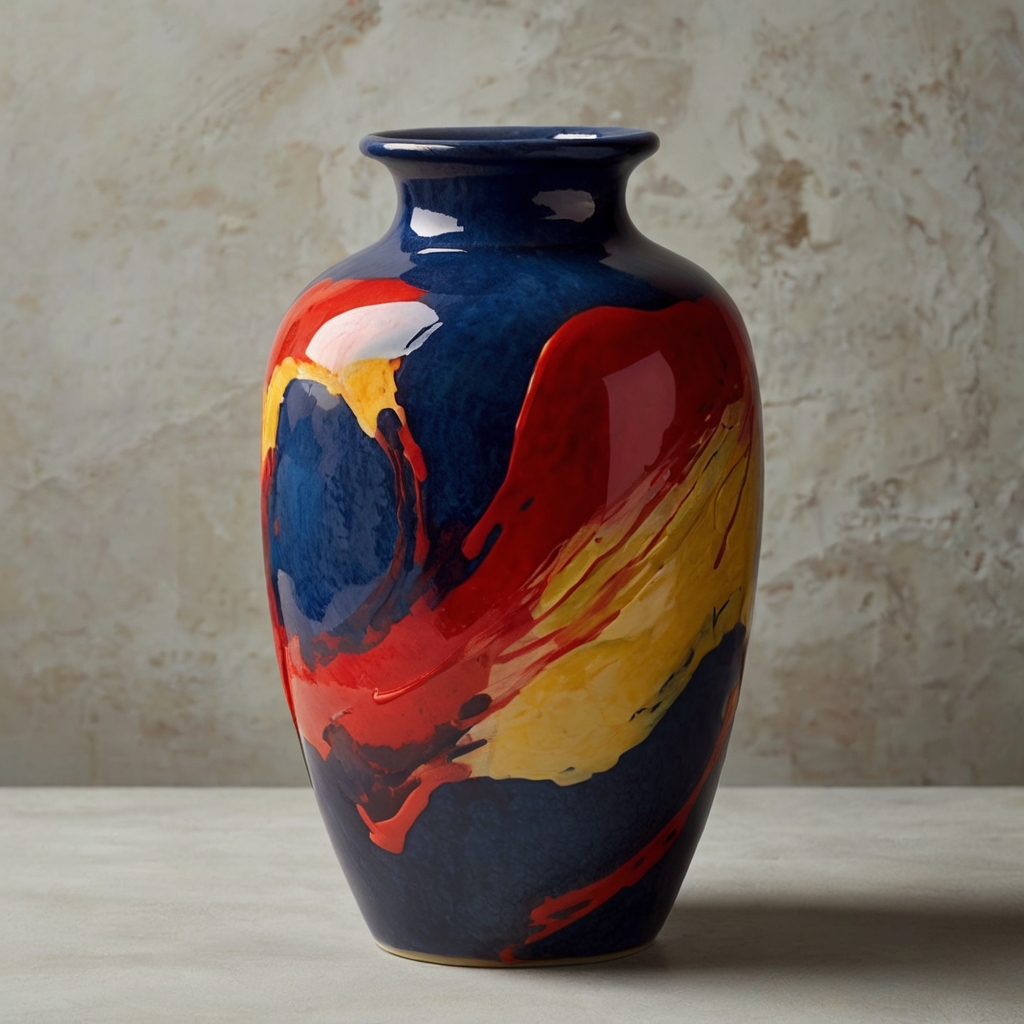 Abstract brushstroke vases with vibrant colors bring art to life. Diffused lighting enhances the fluid, dynamic design effortlessly.