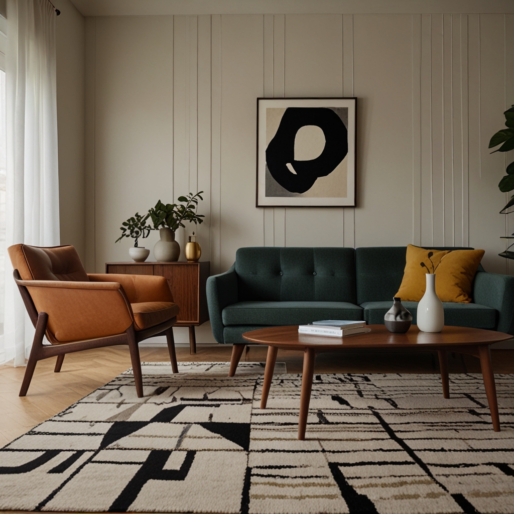 Mid-century modern living room with an abstract rug, minimalist furniture, and natural lighting.