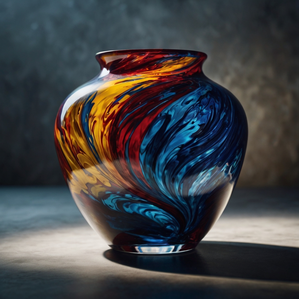 Abstract swirl-painted vase in vibrant colors, angled lighting enhancing movement and energy with dynamic shadows.