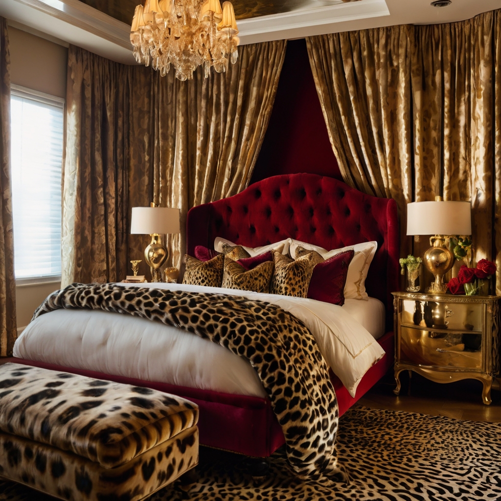 Red velvet curtains and cheetah print bedding add glamour to your bedroom. Metallic gold accents create a luxurious, inviting atmosphere.