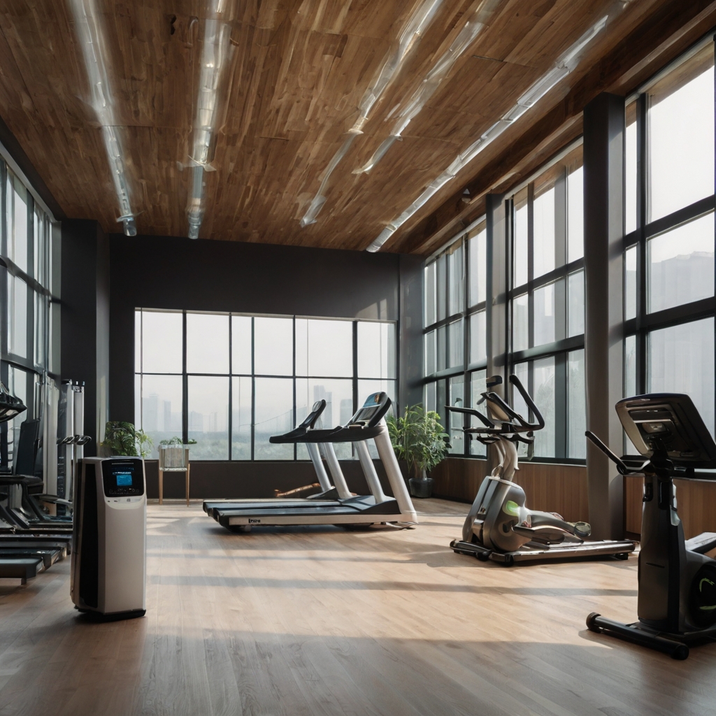 A gym with air purifiers and large windows for fresh air and natural light. Clean lines and neutral colors complement the focus on air quality.