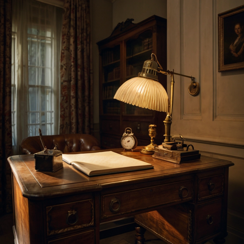 An antique wooden desk illuminated by soft light, with a vintage lamp and notebook. The room exudes a nostalgic, timeless atmosphere.