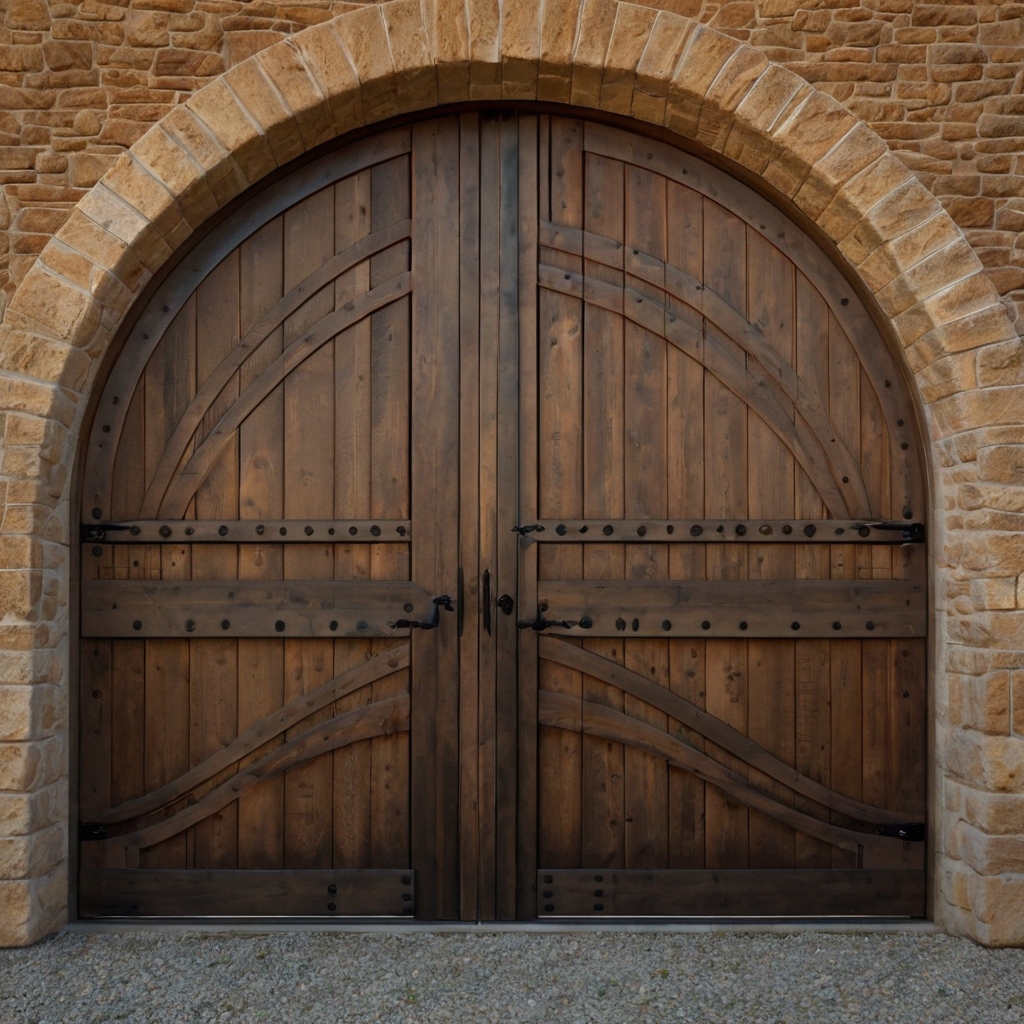 Elegantly arched barn doors with soft curves. Ambient lighting highlights the refined architectural detail.