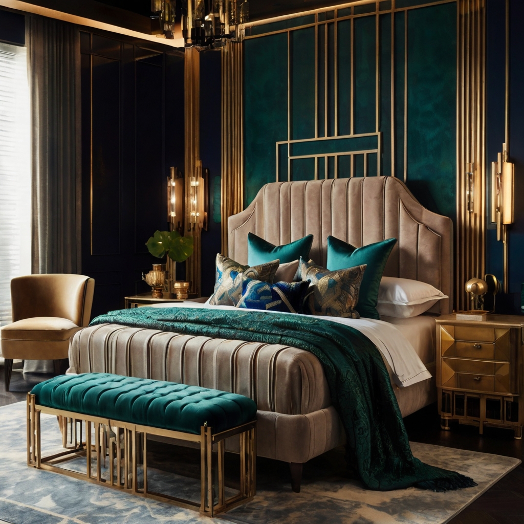 Bold geometric patterns and metallic finishes create a luxurious Art Deco bedroom. Soft lighting highlights the elegance and sophistication.