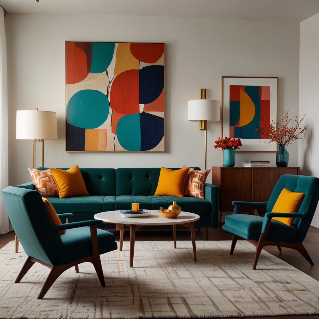 Mid-century modern room with bold, abstract art pieces on walls, lit by soft focused lighting.