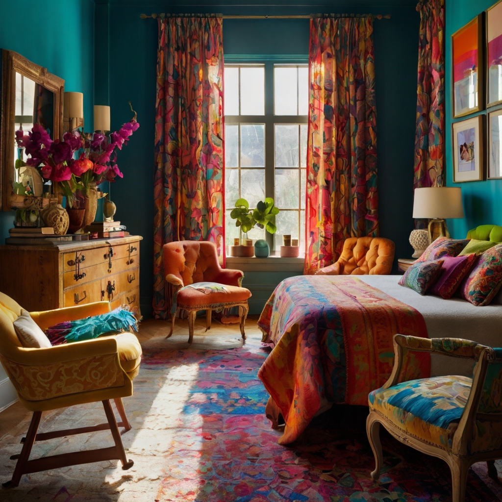 A lively mix of colors, patterns, and textures creates a dynamic, creative bedroom. Add flair and personality to your room today!