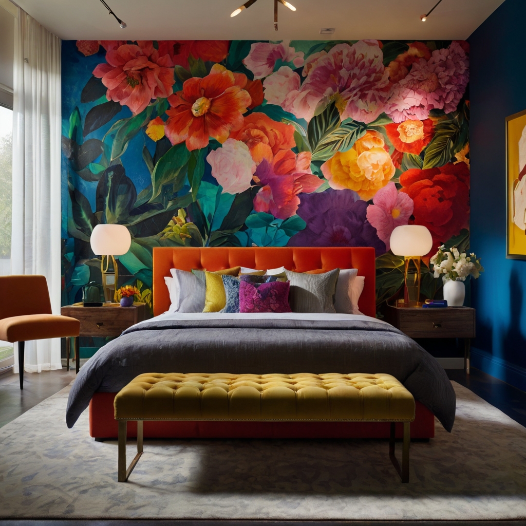 Bold murals and vibrant lighting create a dramatic, artistic bedroom. Shop now to bring colorful creativity to your space!