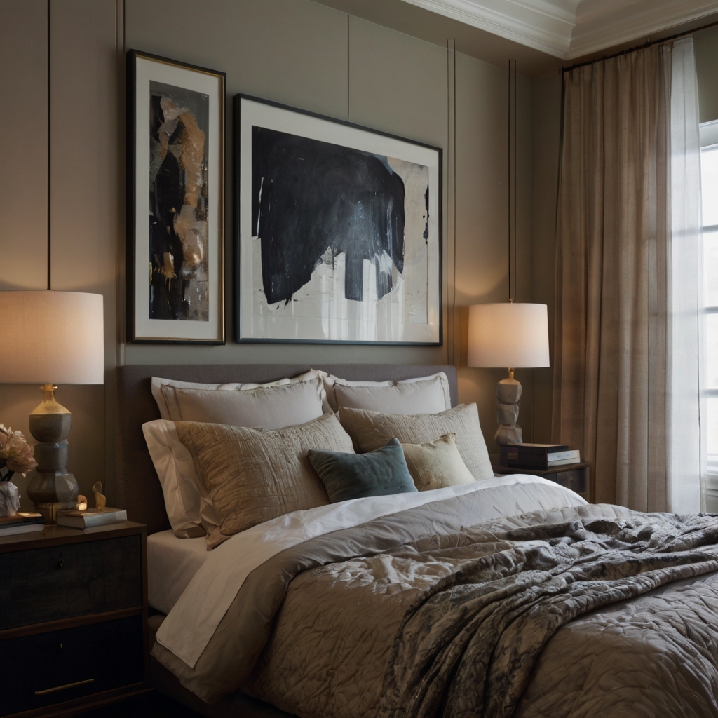 Personal artwork adds character to your bedroom. Subtle lighting enhances its beauty and impact.