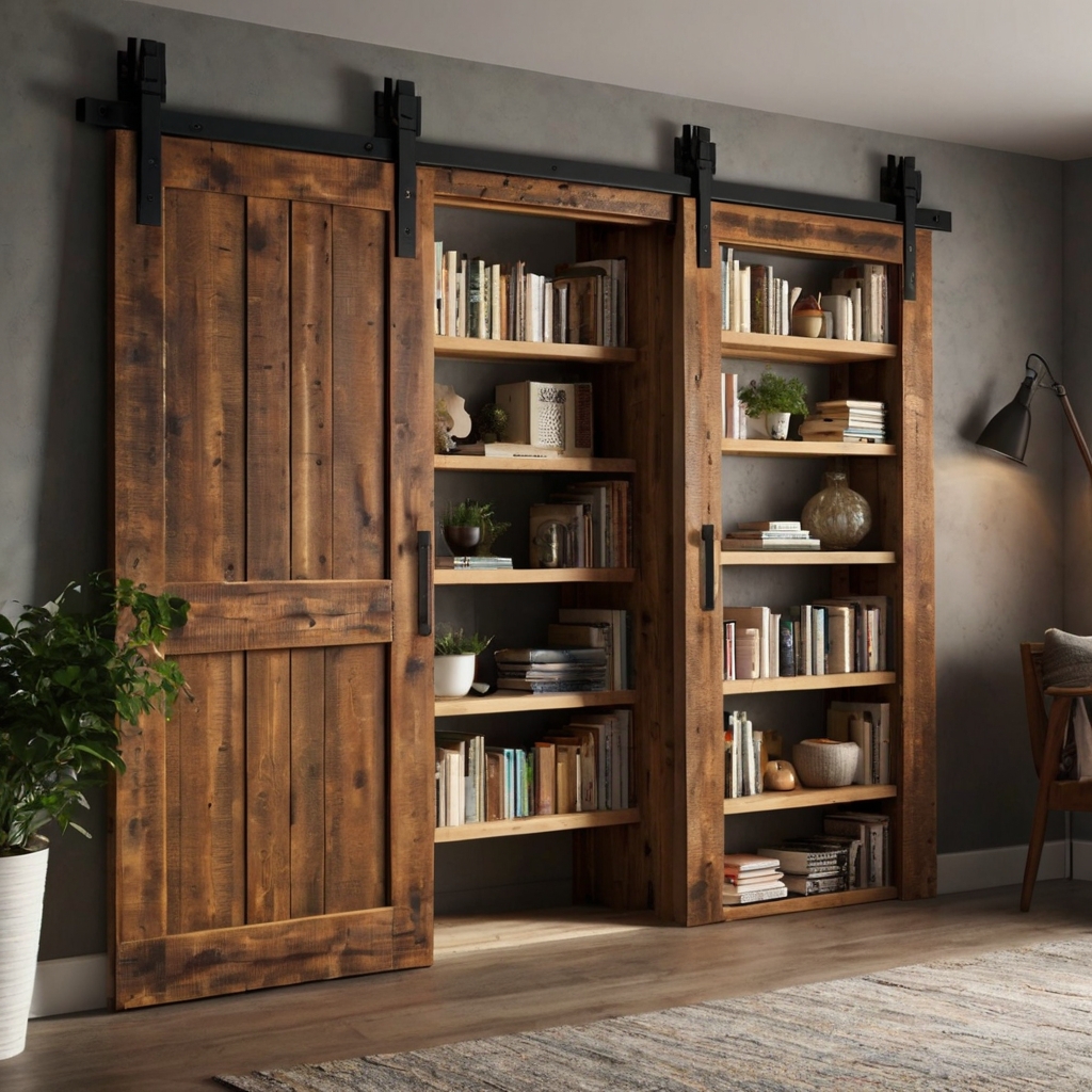 Barn door with built-in shelves holding books and decor. Warm lighting showcases its practical, dual functionality.