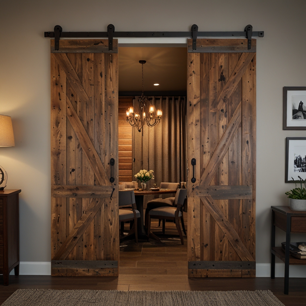 Barn doors with soft fabric panels for added texture. Warm lighting enhances the cozy, inviting feel.