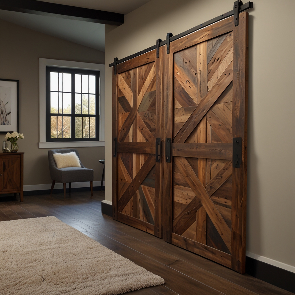 Barn doors with geometric inlays in shapes like triangles. Bright lighting highlights the modern, artistic design.