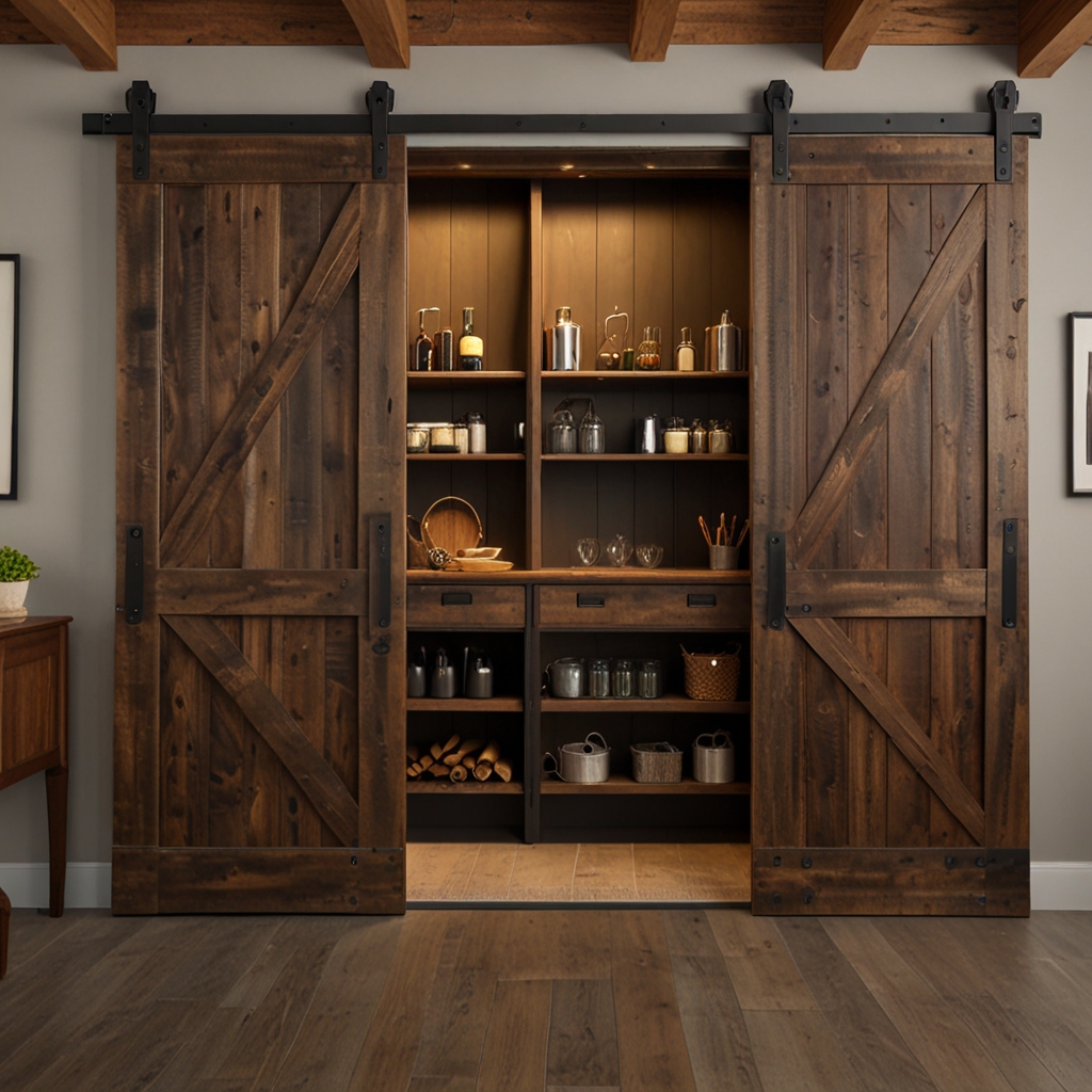 Barn door with hidden compartments for discreet storage. Warm lighting shows the practical and clever design.