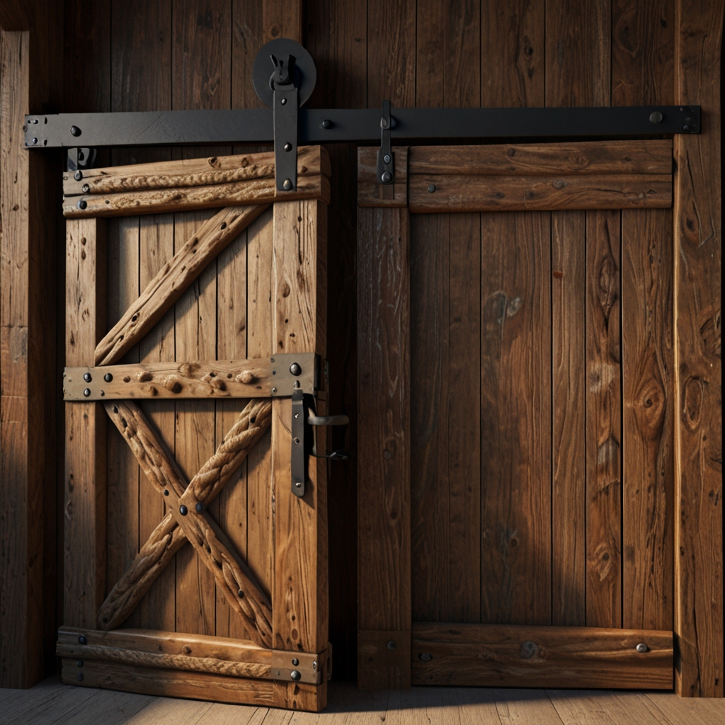 Barn door with thick rope handles for a nautical theme. Bright lighting enhances the textured rope and wood detail.