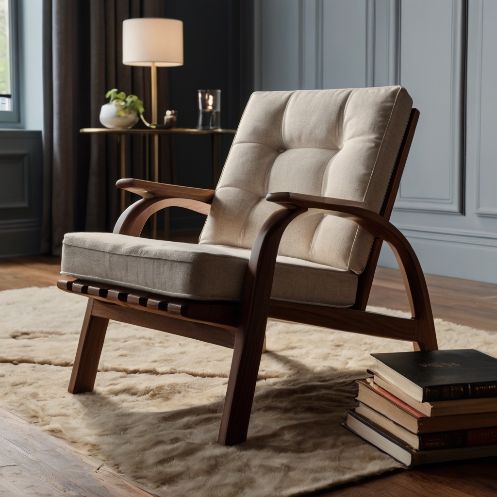 A realistic chair with ergonomic support, illuminated by soft light to showcase its contours and comfy design. A nearby book and tea complete the cozy reading setup.