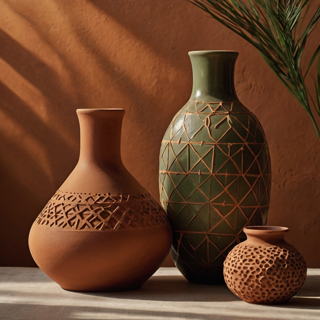 Bohemian vase with earthy geometric patterns, warm lighting casting soft shadows to enhance its relaxed vibe.