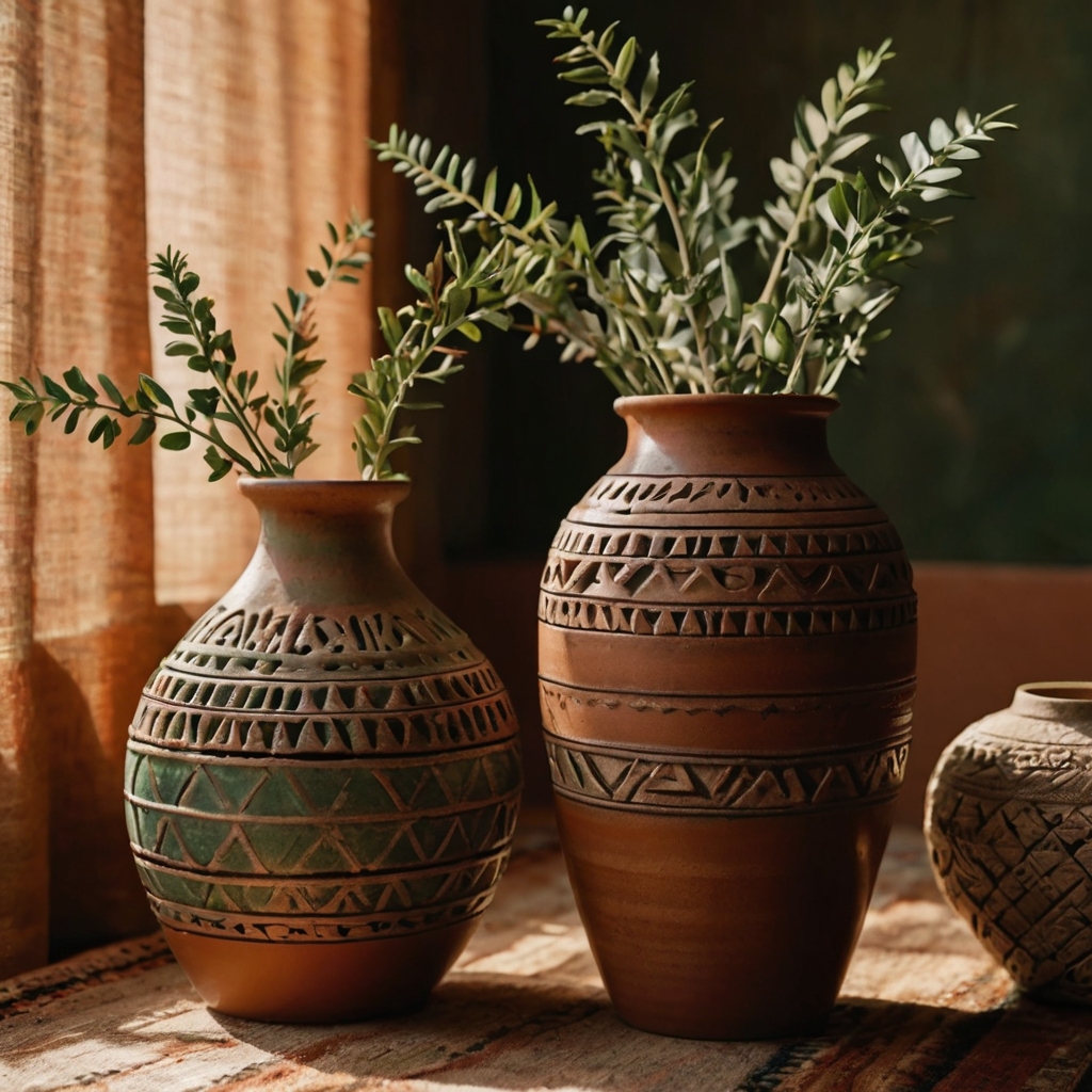 Boho-inspired vases in earthy tones with tribal patterns feel cozy and artistic. Warm lighting enhances their relaxed, laid-back appeal.