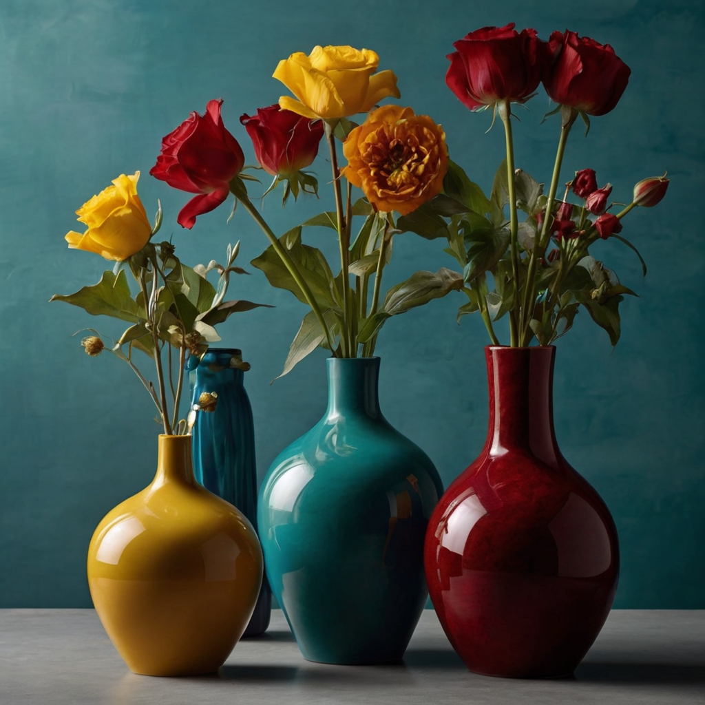 Vibrant-colored vases like teal and crimson make bold statements. Illuminated from above, their dynamic shadows enhance drama.