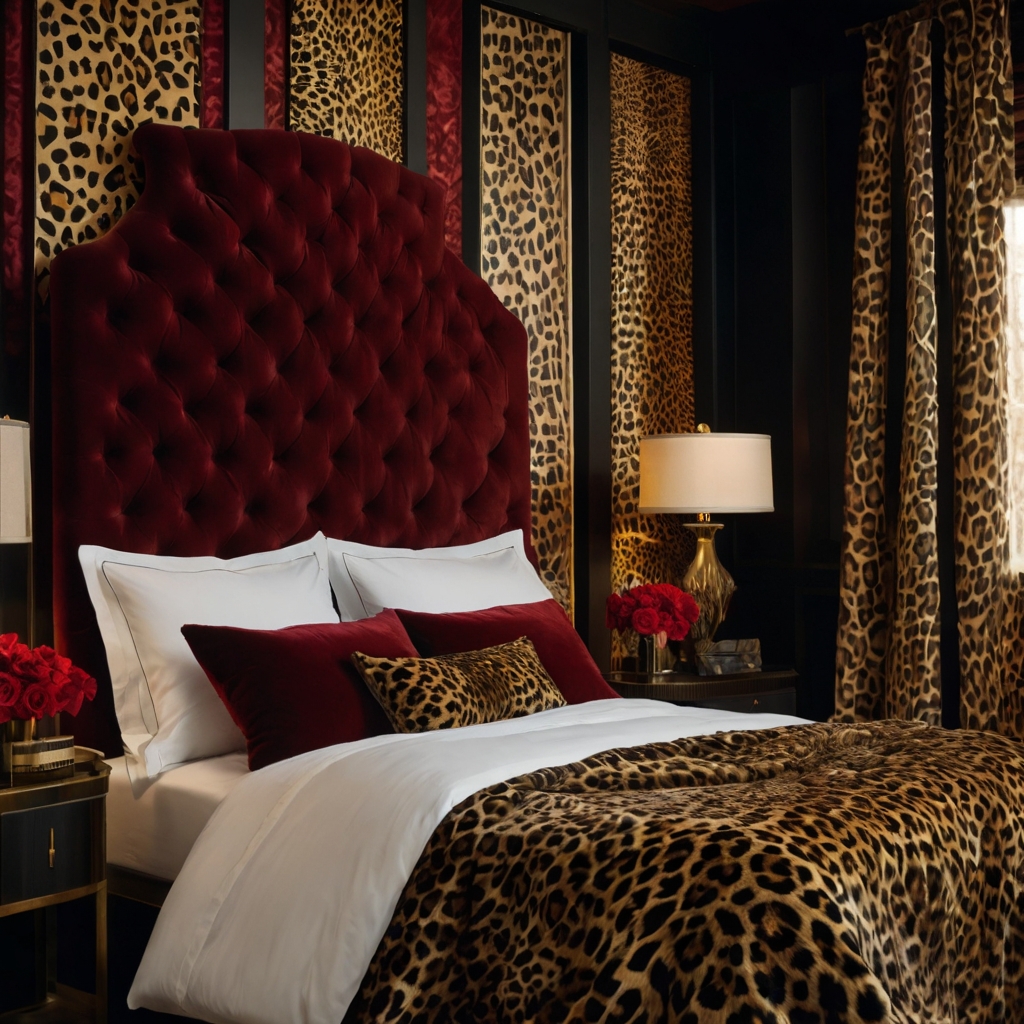 Red velvet curtains contrast with cheetah print walls for a dramatic effect. The warm texture of the curtains adds sophistication.