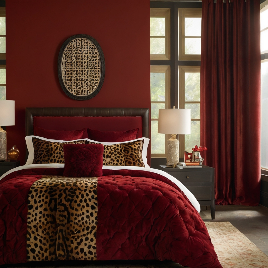 Transform your bedroom with vibrant red walls and bold cheetah accents. Create an exotic atmosphere with sleek modern furniture.