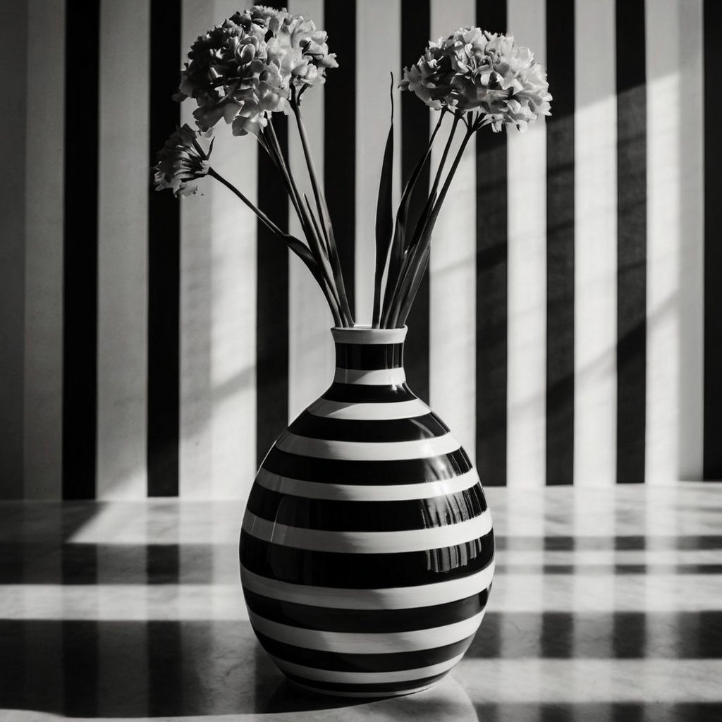 Minimalist vase with bold black-and-white stripes, side lighting creating crisp shadows and emphasizing clean lines.