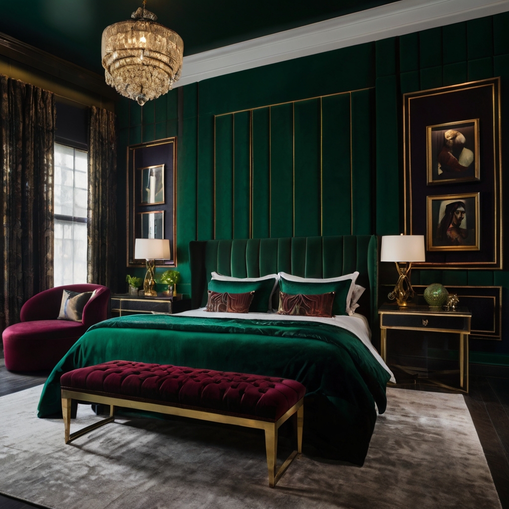 Rich, bold colors and dramatic lighting make a striking bedroom design. Elevate your space with luxury and impact!