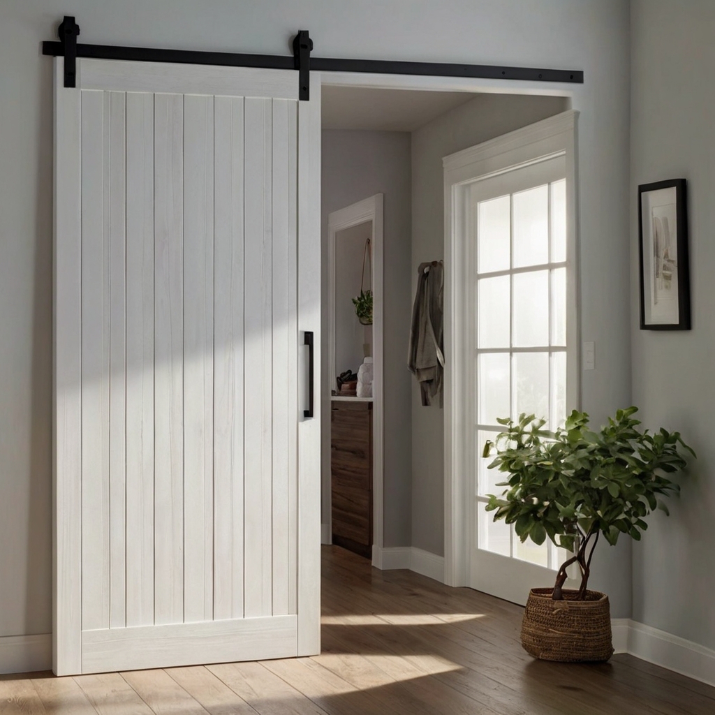 White barn door in a minimalist space with clean lines. Bright lighting enhances its simplicity and elegance.