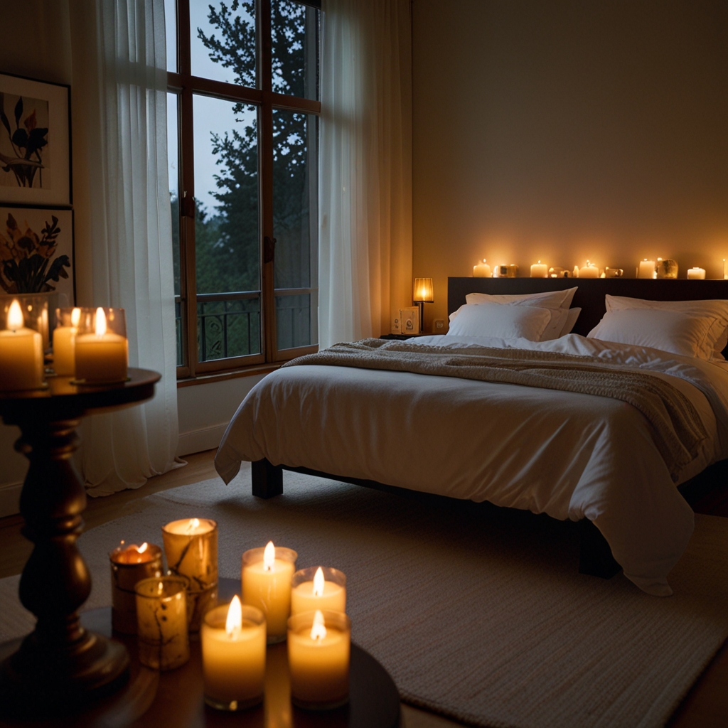 Soft candlelight creates a soothing and intimate atmosphere. Warm, low lighting enhances tranquility.