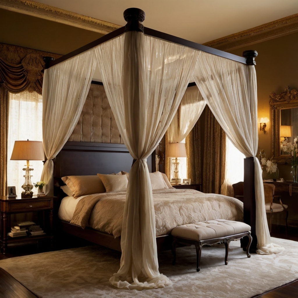 Add elegance with a luxurious canopy bed draped in flowing fabric. Soft lighting highlights its grandeur.