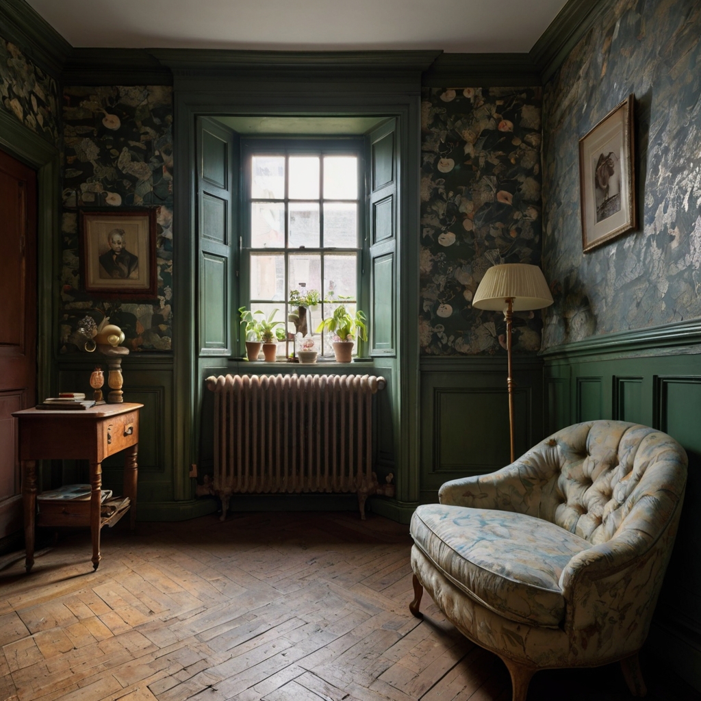 An antique cast iron radiator adds warmth and vintage charm to the room. Soft light illuminates its ornate design, complementing the rustic decor.