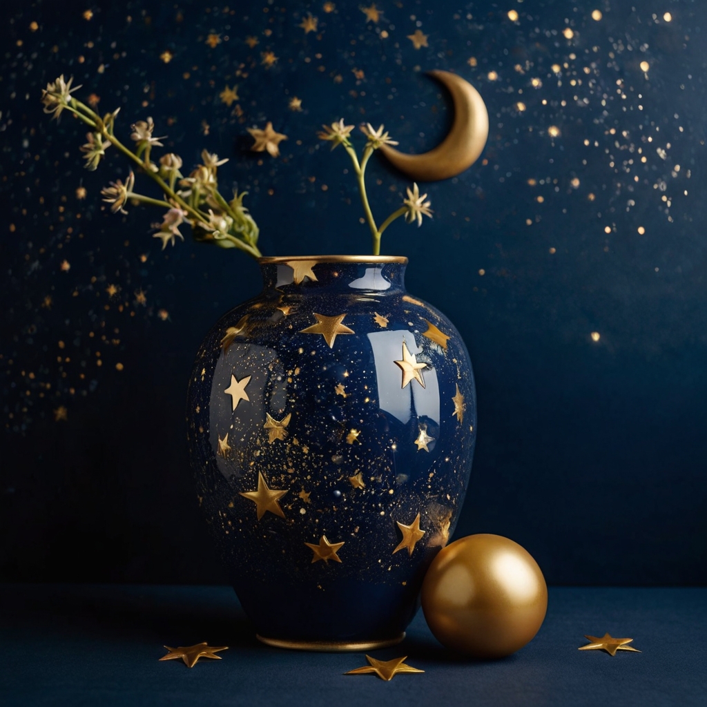 Celestial-themed vase with stars and a moon on a blue background, soft lighting enhancing its mystical, cosmic feel.