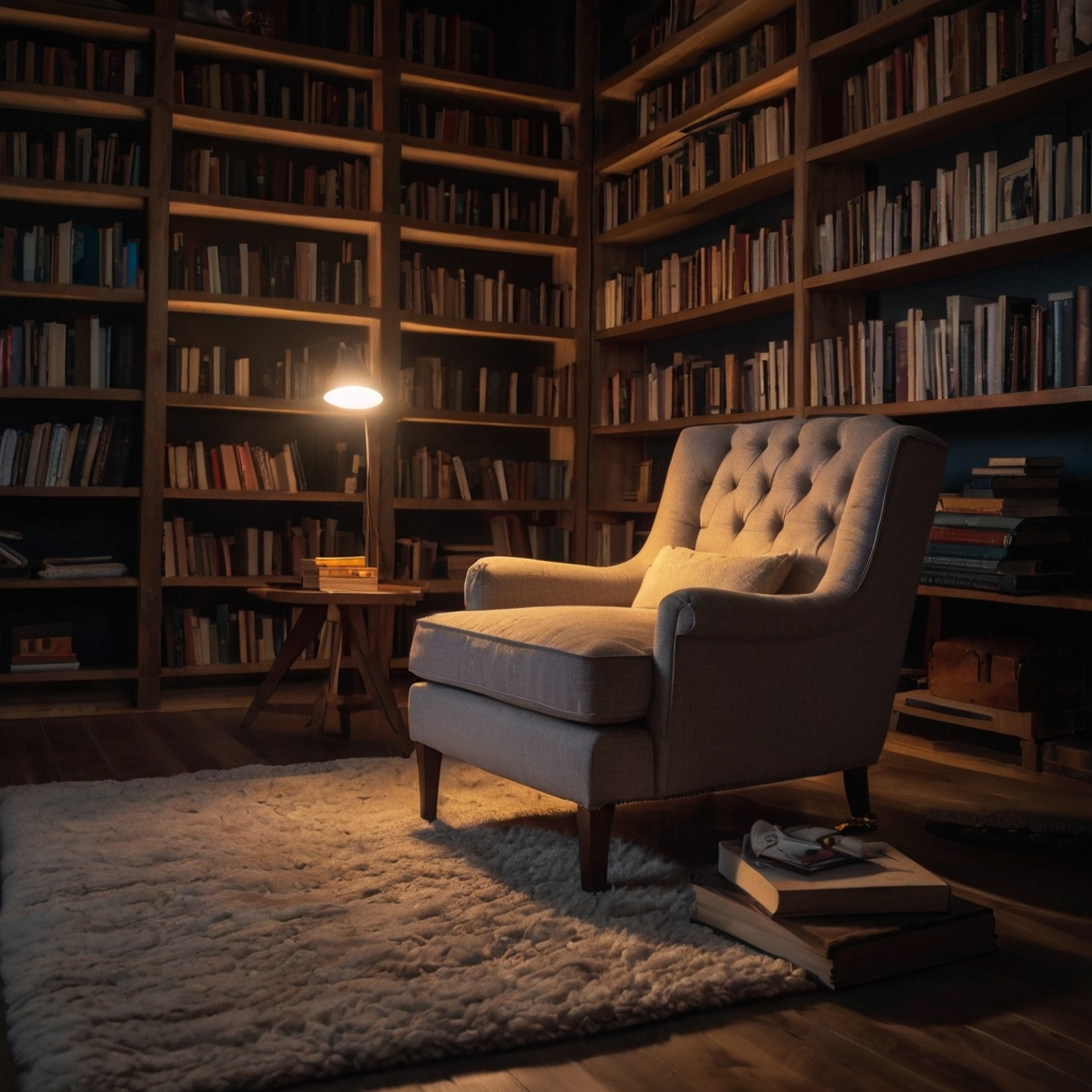 A comfortable, plush chair designed for long reading sessions, highlighted by soft ambient light. The peaceful setting, with bookshelves in the background, creates the perfect reading nook.