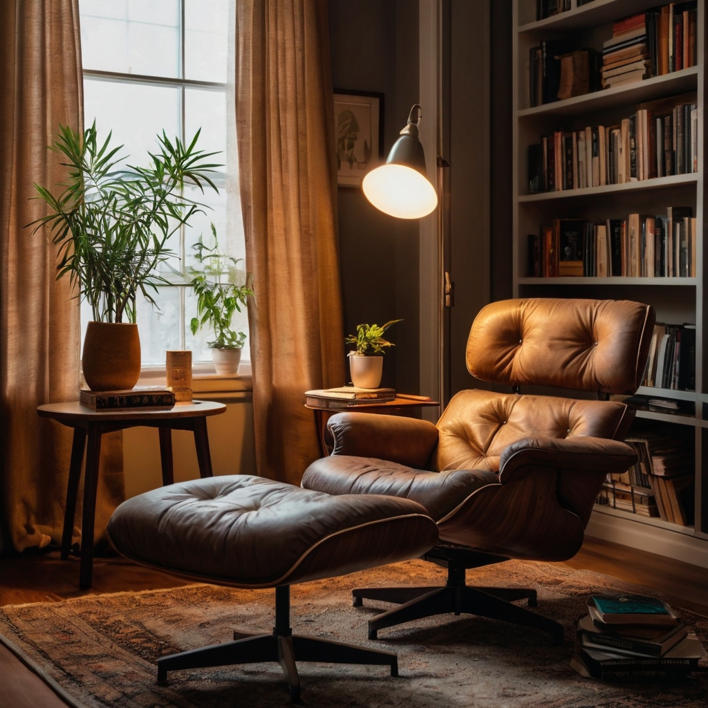 A cozy reading corner with an ergonomic chair, soft lighting, and books neatly stacked beside it, creating the perfect ambiance for enjoying books in comfort.