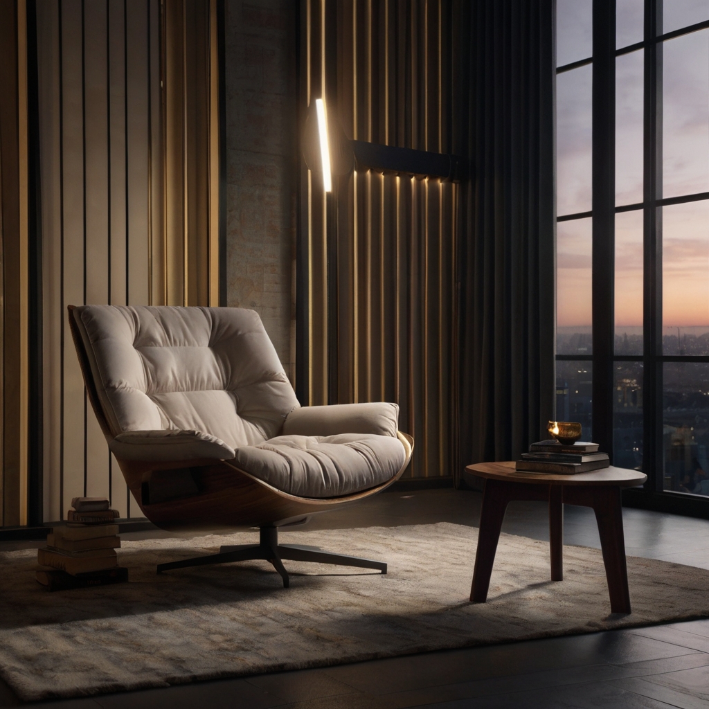 A detailed view of a well-cushioned chair under soft lighting, enhancing the minimalist design and creating a peaceful space for reading.