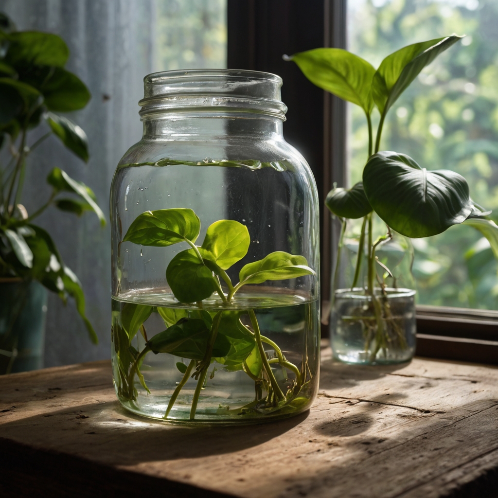 A pothos cutting submerged in water, fresh water being added with a splash, as roots grow longer under clear water in a rustic, natural setting.