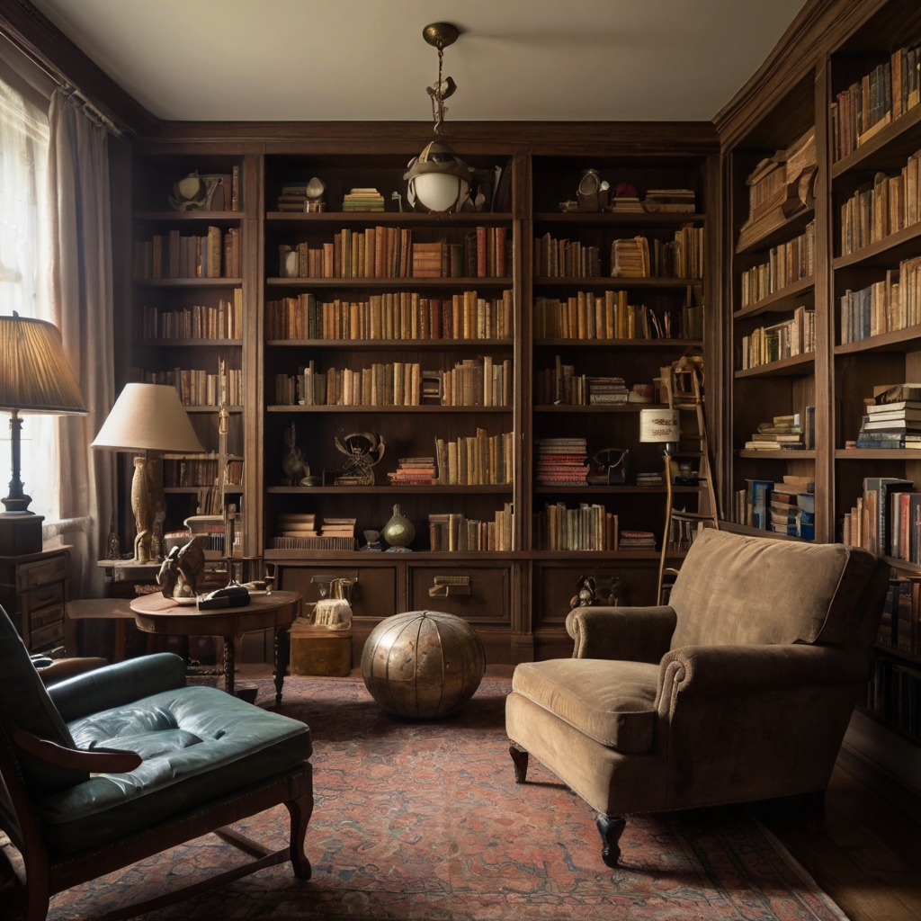 A cozy wooden bookshelf filled with classic books, creating a vintage-inspired reading nook. Soft lighting highlights the rich wood grain.