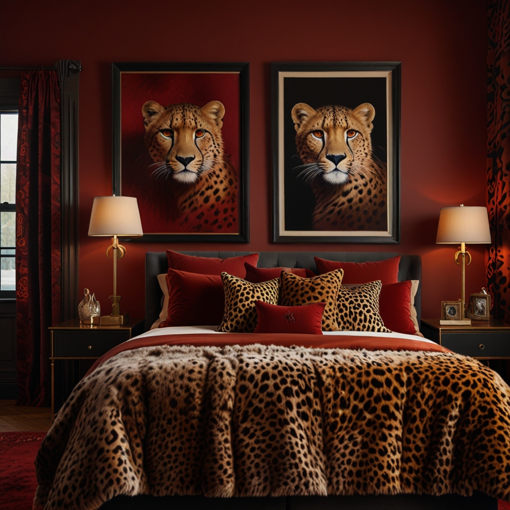 Fiery red walls and cheetah print accents create a passionate atmosphere. Warm lighting enhances the luxurious design.